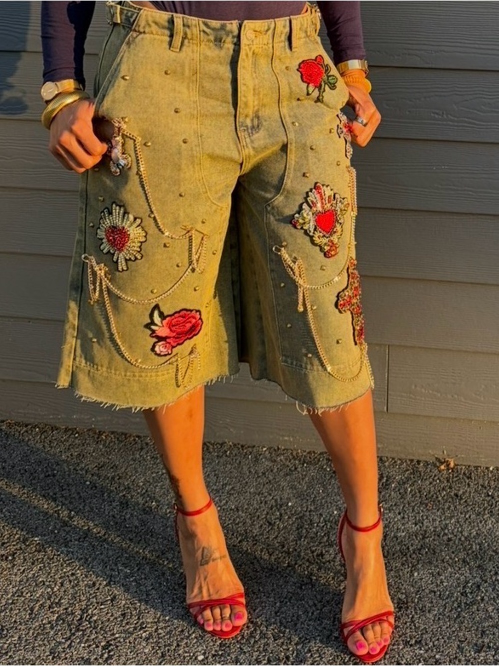 Embellished Olive Green Women's Denim Bermuda Shorts